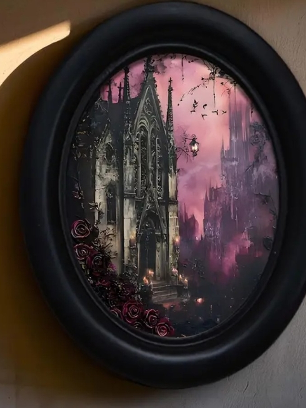 Gothic Cathedral Wall Art in Black Frame - Pink & Burgundy Sky